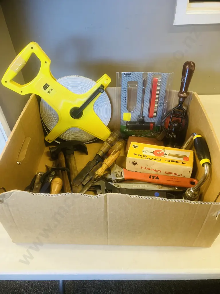 Box Lot Hand Tools, 100m Tape, Drill Bits Etc Image 1++