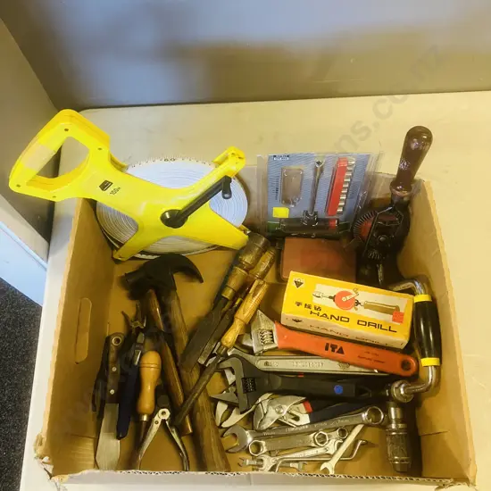 Box Lot Hand Tools, 100m Tape, Drill Bits Etc