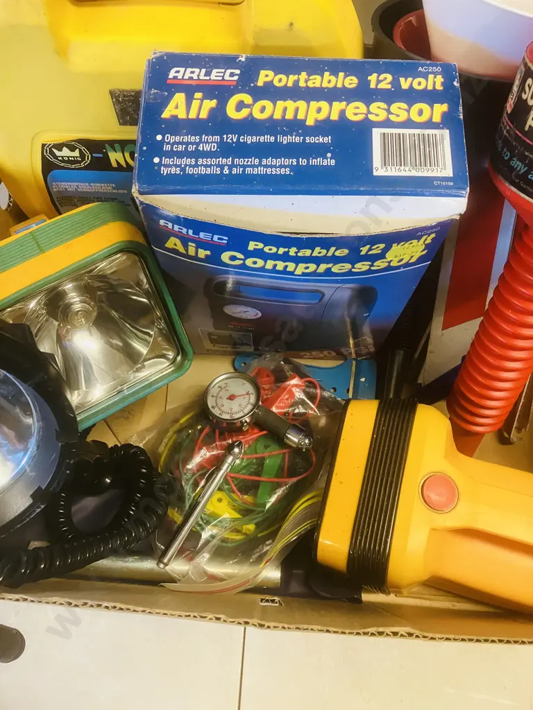 Box Lot 12V Air Compressor, 12V Spotlight, Snow Chains, Funnels Etc Image 1++