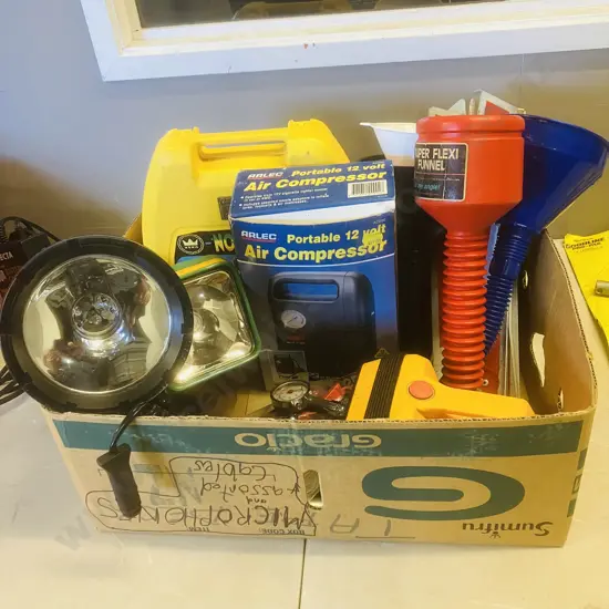 Box Lot 12V Air Compressor, 12V Spotlight, Snow Chains, Funnels Etc