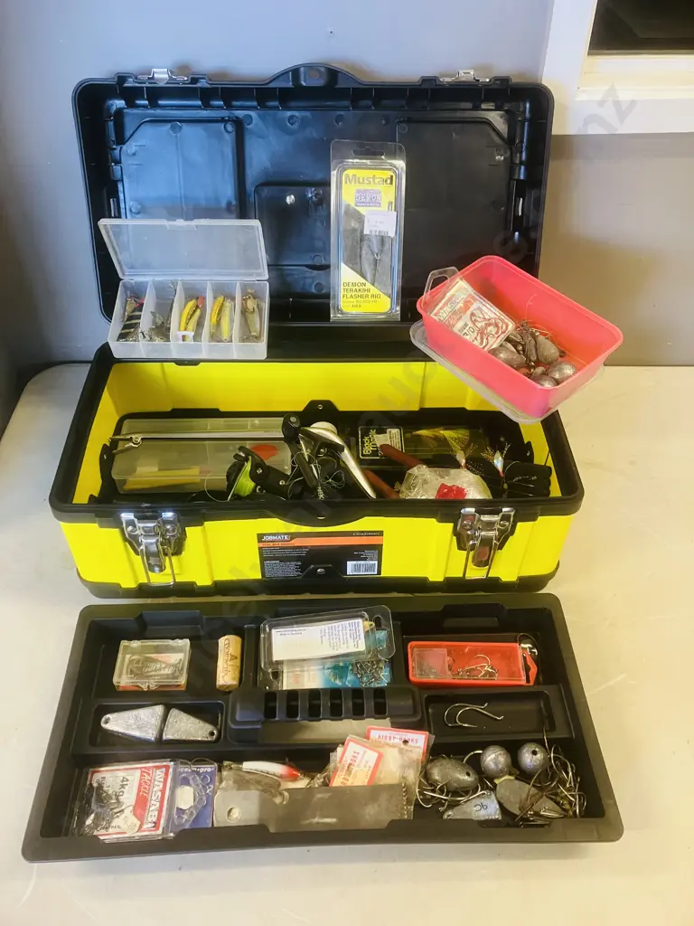 Jobmate Toolbox & Assorted Fishing Items, Okuma NIKO FA30 Reel, Hooks, Sinkers, Lines Etc Image 1++