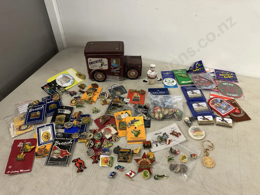 Selection Of Vintage Souvenir Badges, Lapel Pins, Brooches, Key Ring & Snickers Tin Truck Image 1++