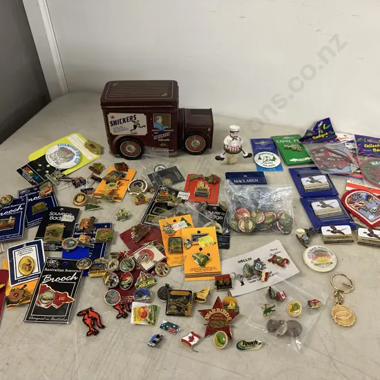 Selection Of Vintage Souvenir Badges, Lapel Pins, Brooches, Key Ring & Snickers Tin Truck