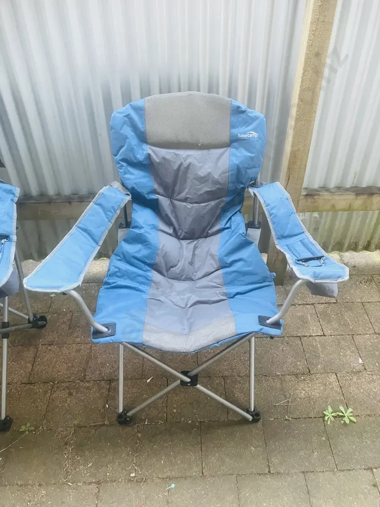 Pair of Basecamp by Kathmandu Camping Chairs With Blue Beach Umbrella Image 1++