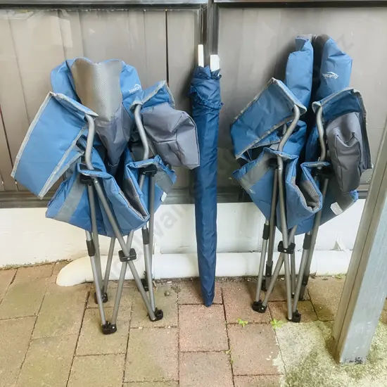 Pair of Basecamp by Kathmandu Camping Chairs With Blue Beach Umbrella