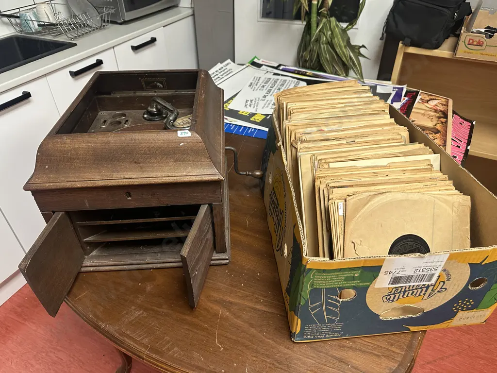 Early 20th Century His Masters Voice Gramophone In As Found Condition With Box of 78's Image 1++
