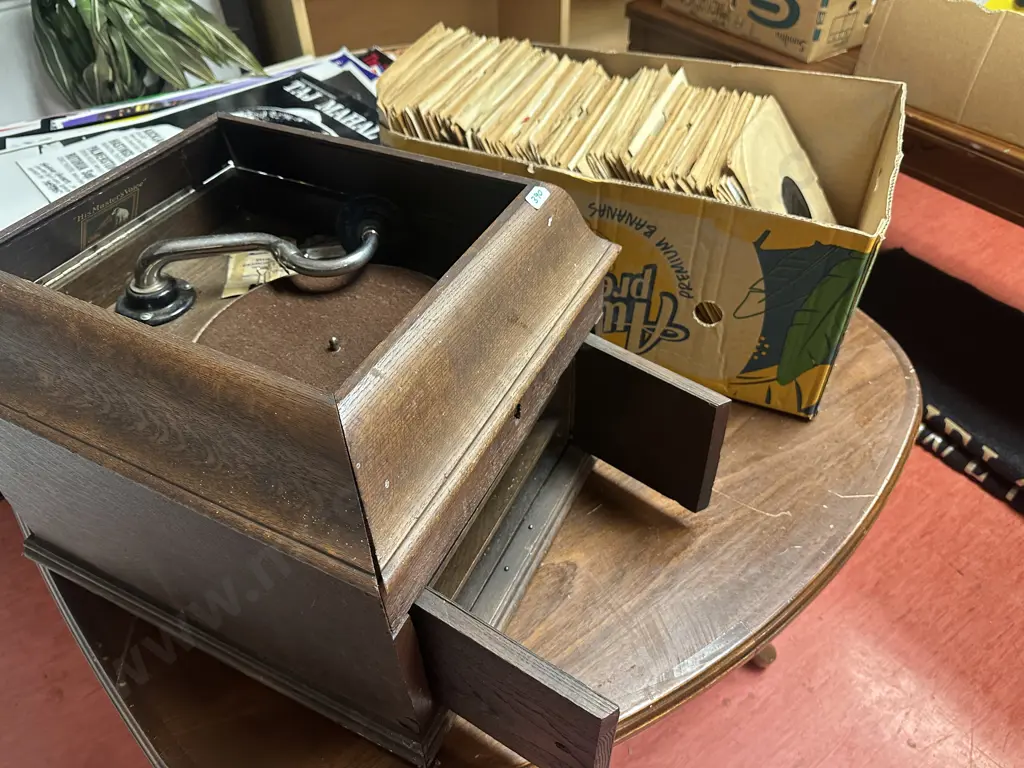 Early 20th Century His Masters Voice Gramophone In As Found Condition With Box of 78's Image 1++