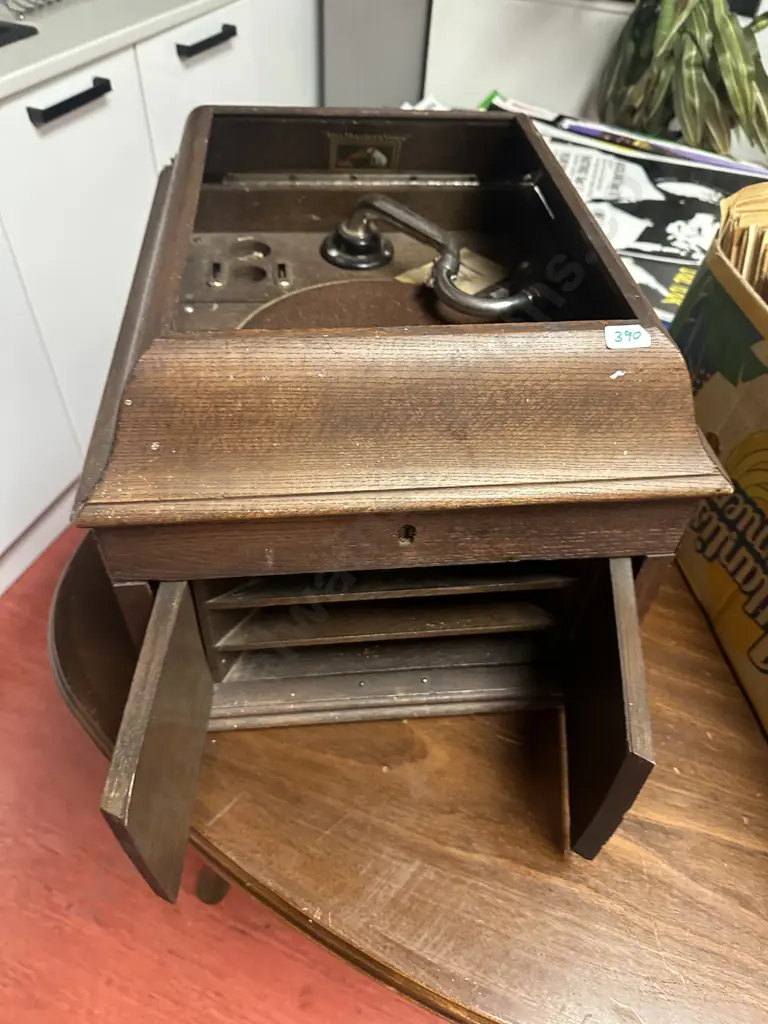 Early 20th Century His Masters Voice Gramophone In As Found Condition With Box of 78's Image 1++