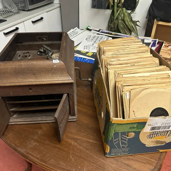 Early 20th Century His Masters Voice Gramophone In As Found Condition With Box of 78's