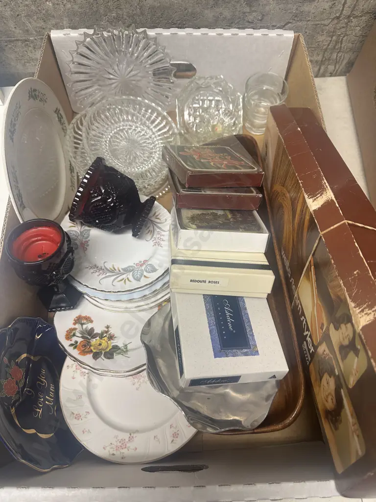 Box Of Assorted China & Vintage Items Including Wella Steam Styler, Coasters Etc Image 1++