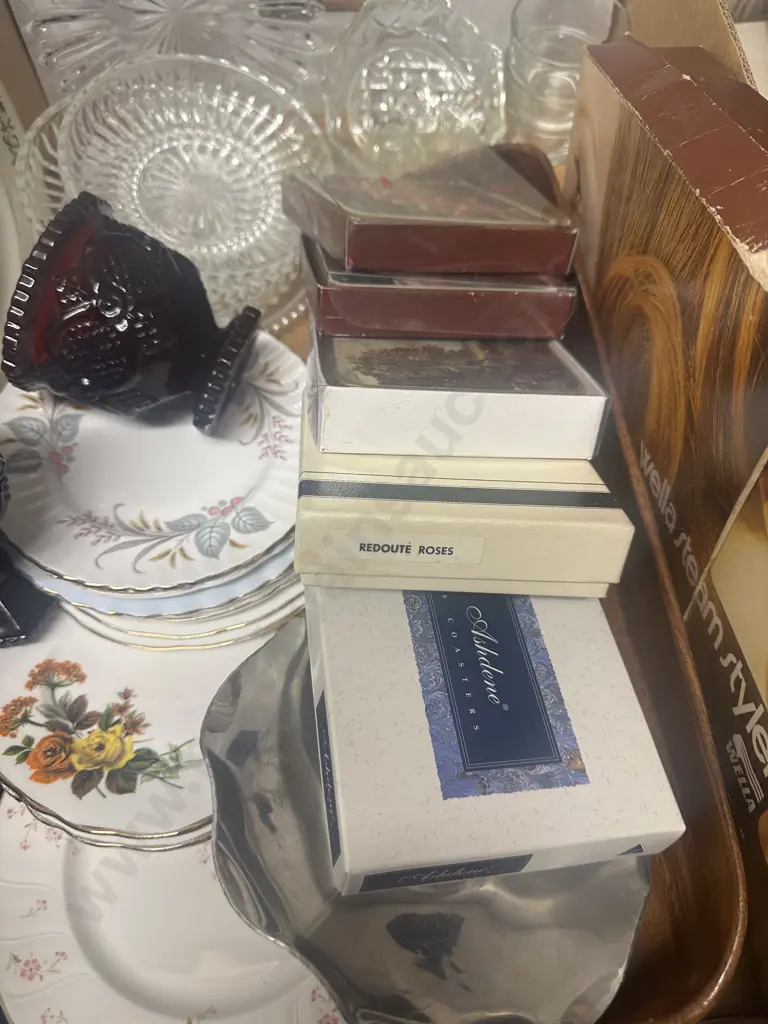 Box Of Assorted China & Vintage Items Including Wella Steam Styler, Coasters Etc Image 1++