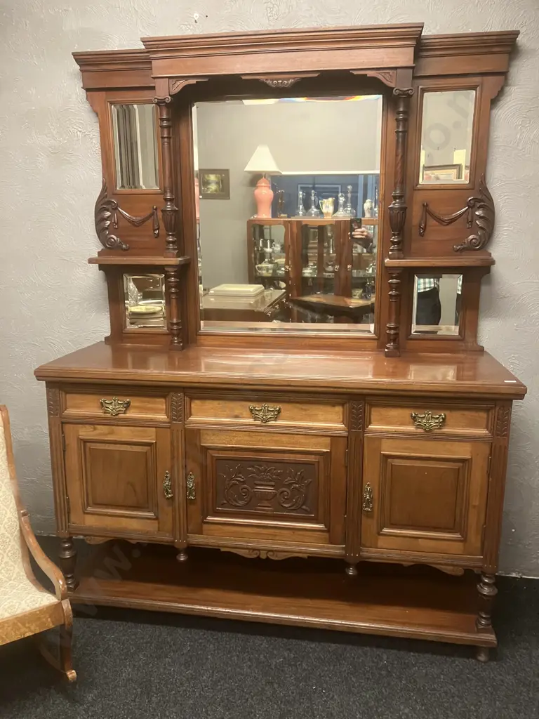 Antique Victorian Carved Oak Mirror Back Sideboard Dresser. H W153 D51cm Image 1++
