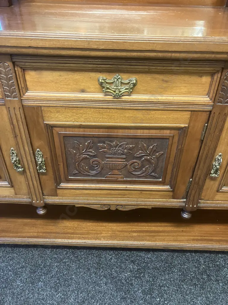 Antique Victorian Carved Oak Mirror Back Sideboard Dresser. H W153 D51cm Image 1++