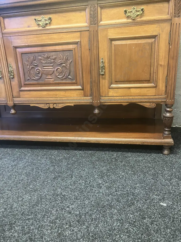 Antique Victorian Carved Oak Mirror Back Sideboard Dresser. H W153 D51cm Image 1++