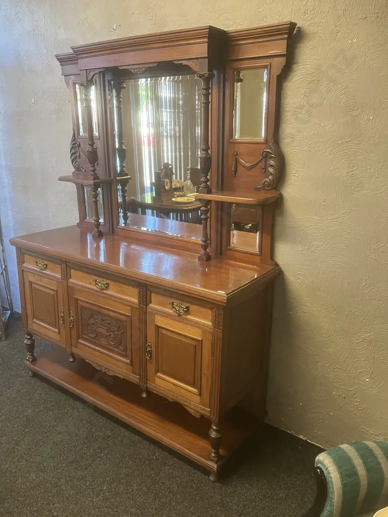 Antique Victorian Carved Oak Mirror Back Sideboard Dresser. H W153 D51cm Image 1++