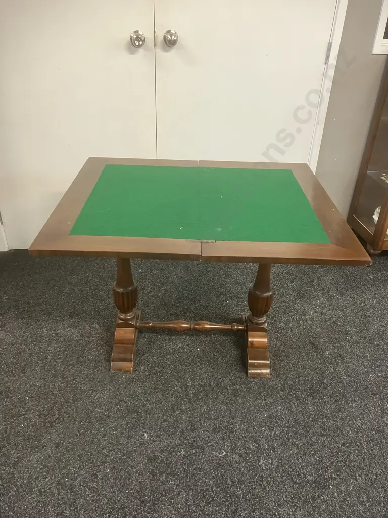 Antique Card Table, Top is Marquetry Inlaid With Playing Cards Pattern, Felt Playing Area. Swivel Flip Top, With Cards Image 1++