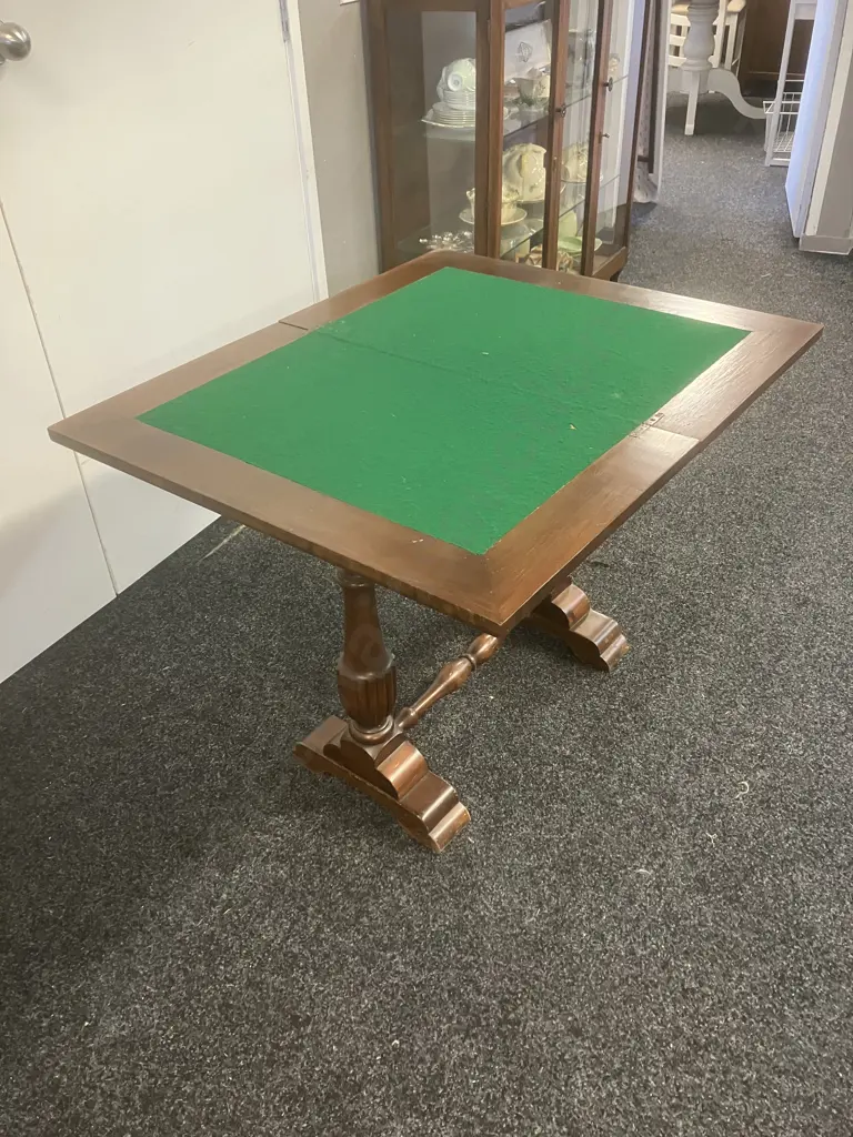 Antique Card Table, Top is Marquetry Inlaid With Playing Cards Pattern, Felt Playing Area. Swivel Flip Top, With Cards Image 1++