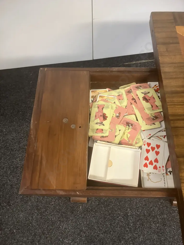 Antique Card Table, Top is Marquetry Inlaid With Playing Cards Pattern, Felt Playing Area. Swivel Flip Top, With Cards Image 1++