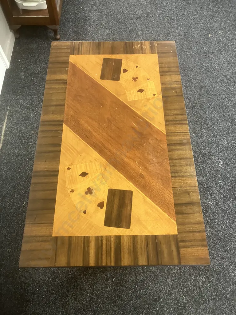 Antique Card Table, Top is Marquetry Inlaid With Playing Cards Pattern, Felt Playing Area. Swivel Flip Top, With Cards Image 1++