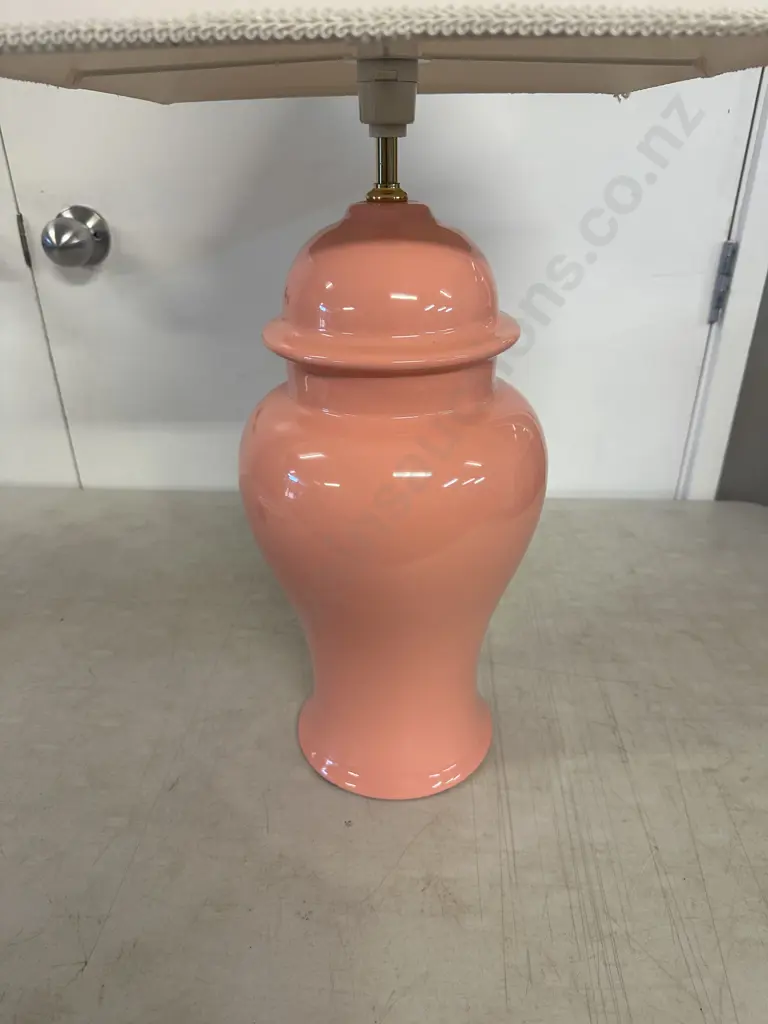 Vintage Table Lamp Peach Coloured Base & Cream Square Shade H73cm. Image 1++
