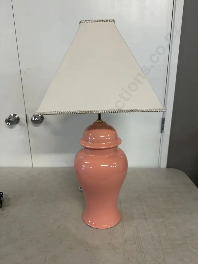 Vintage Table Lamp Peach Coloured Base & Cream Square Shade H73cm. Image 1++
