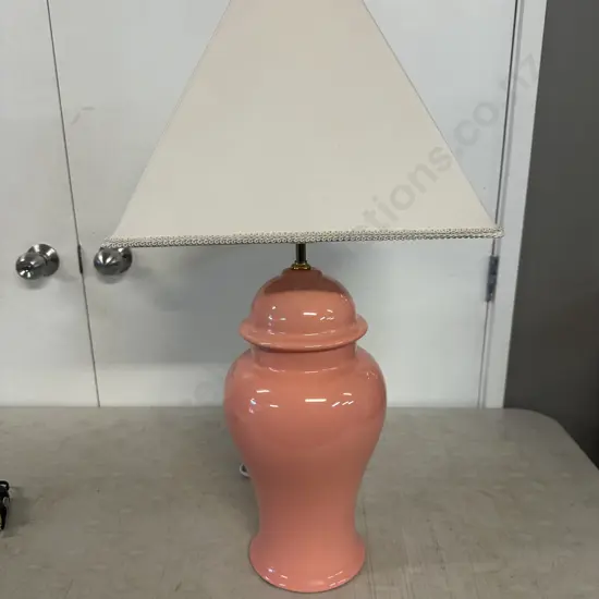 Vintage Table Lamp Peach Coloured Base & Cream Square Shade H73cm.