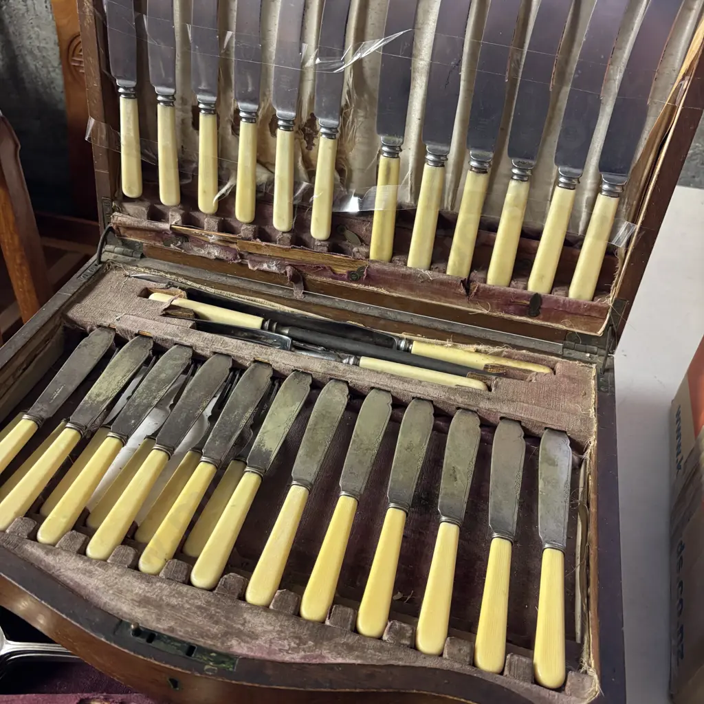 Antique Mahogany Canteen of Cultery with large assorted Bone handled and Sheffield Plate Image 1++