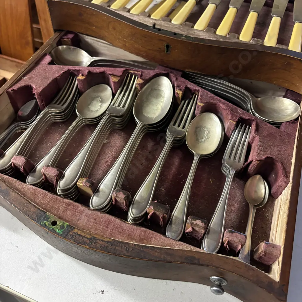 Antique Mahogany Canteen of Cultery with large assorted Bone handled and Sheffield Plate Image 1++