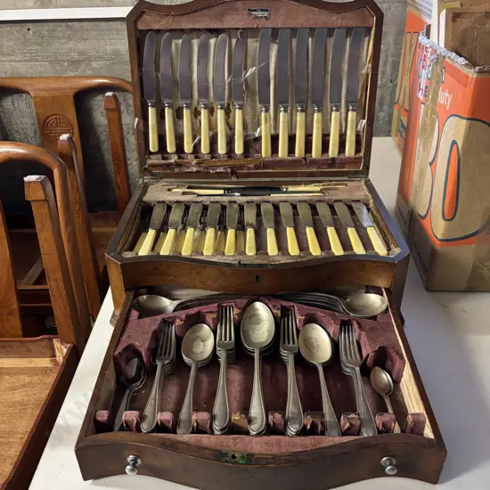 Antique Mahogany Canteen of Cultery with large assorted Bone handled and Sheffield Plate