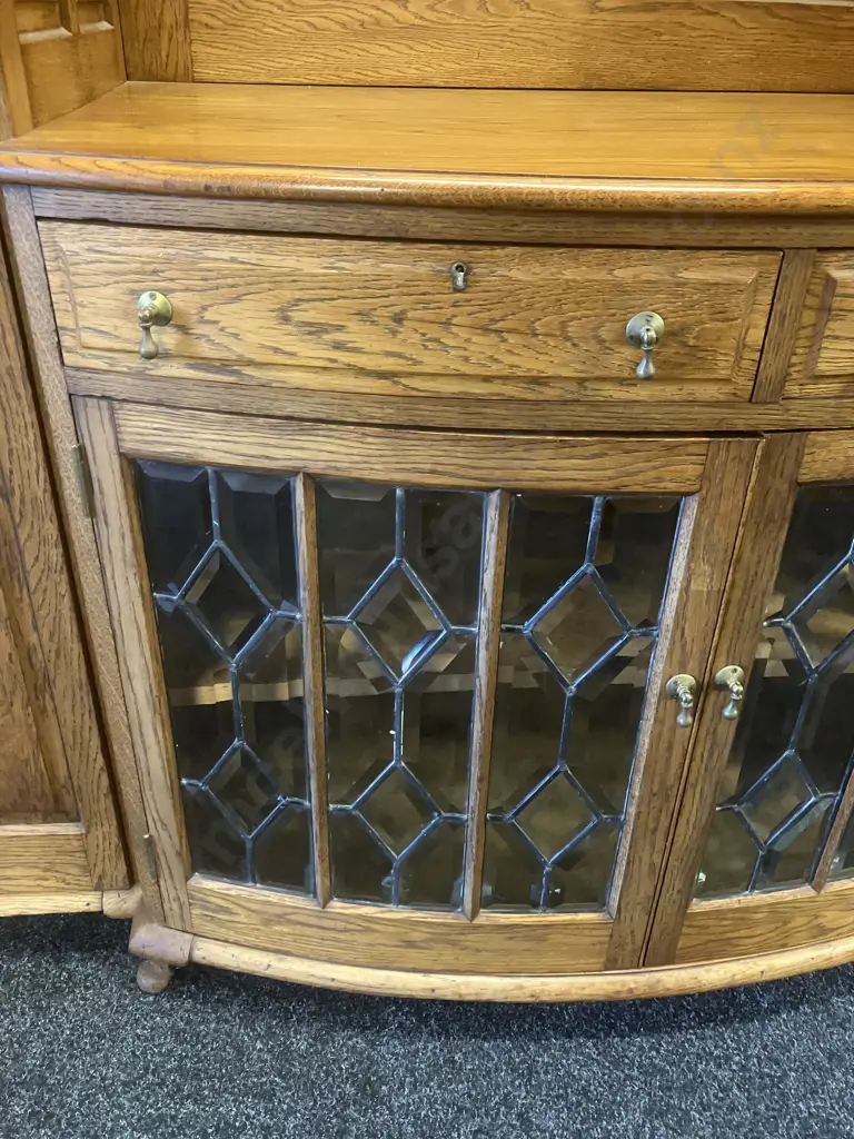 Stunning Art Nouveau Solid Oak Sideboard With Leadlight Panels, With Key, circa Mid 20th Century. H150 W185 D68cm Image 1++