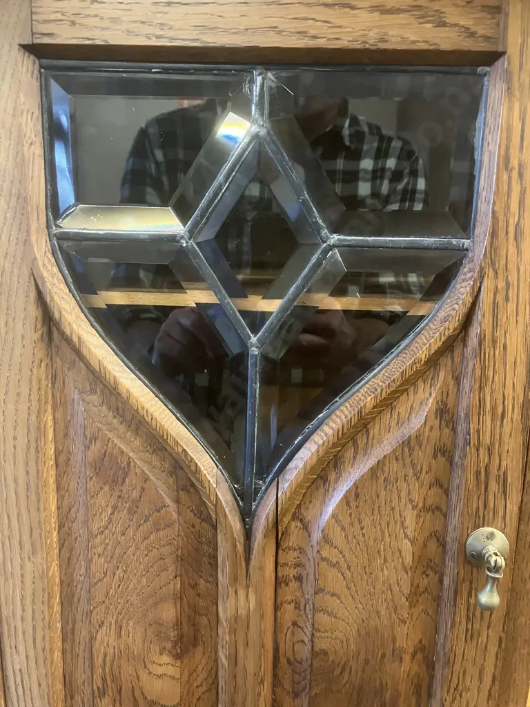 Stunning Art Nouveau Solid Oak Sideboard With Leadlight Panels, With Key, circa Mid 20th Century. H150 W185 D68cm Image 1++