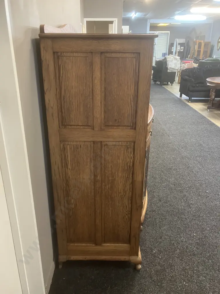 Stunning Art Nouveau Solid Oak Sideboard With Leadlight Panels, With Key, circa Mid 20th Century. H150 W185 D68cm Image 1++