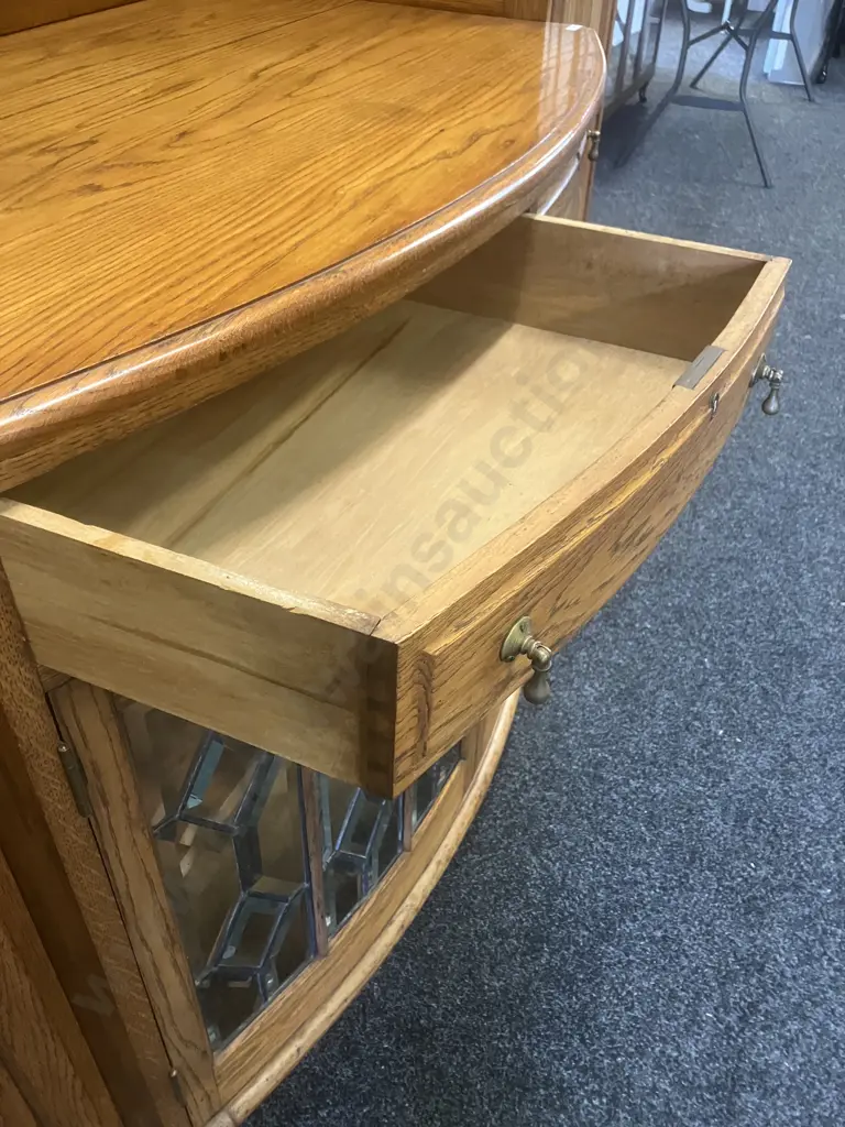 Stunning Art Nouveau Solid Oak Sideboard With Leadlight Panels, With Key, circa Mid 20th Century. H150 W185 D68cm Image 1++