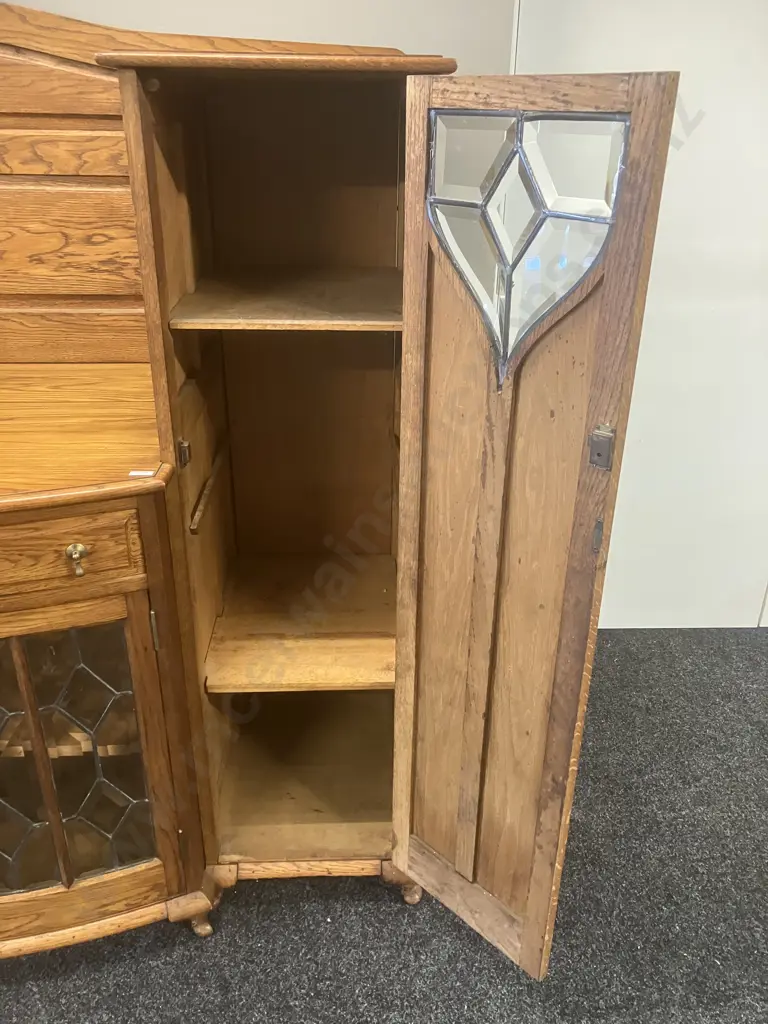 Stunning Art Nouveau Solid Oak Sideboard With Leadlight Panels, With Key, circa Mid 20th Century. H150 W185 D68cm Image 1++