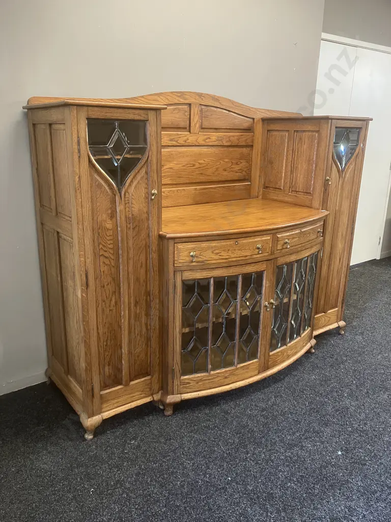 Stunning Art Nouveau Solid Oak Sideboard With Leadlight Panels, With Key, circa Mid 20th Century. H150 W185 D68cm Image 1++