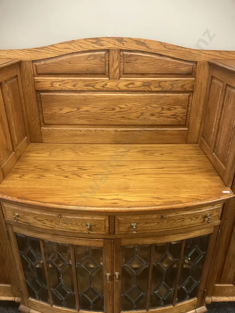 Stunning Art Nouveau Solid Oak Sideboard With Leadlight Panels, With Key, circa Mid 20th Century. H150 W185 D68cm Image 1++