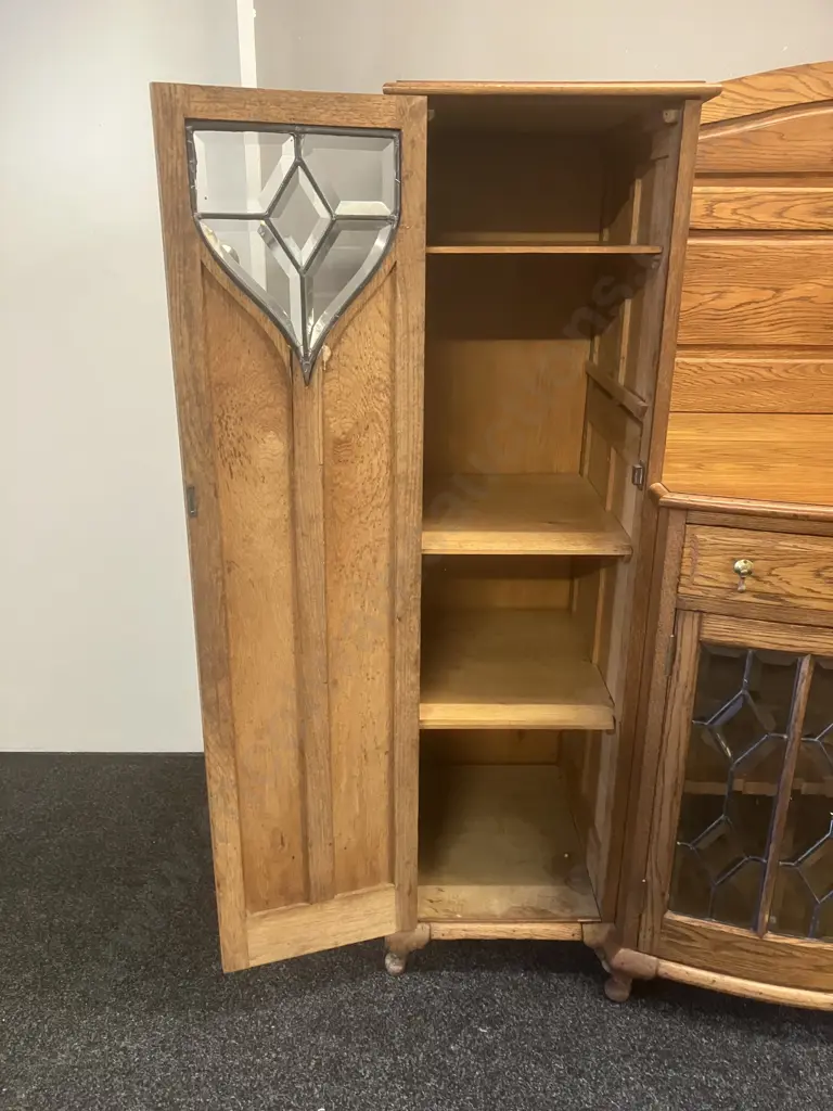 Stunning Art Nouveau Solid Oak Sideboard With Leadlight Panels, With Key, circa Mid 20th Century. H150 W185 D68cm Image 1++