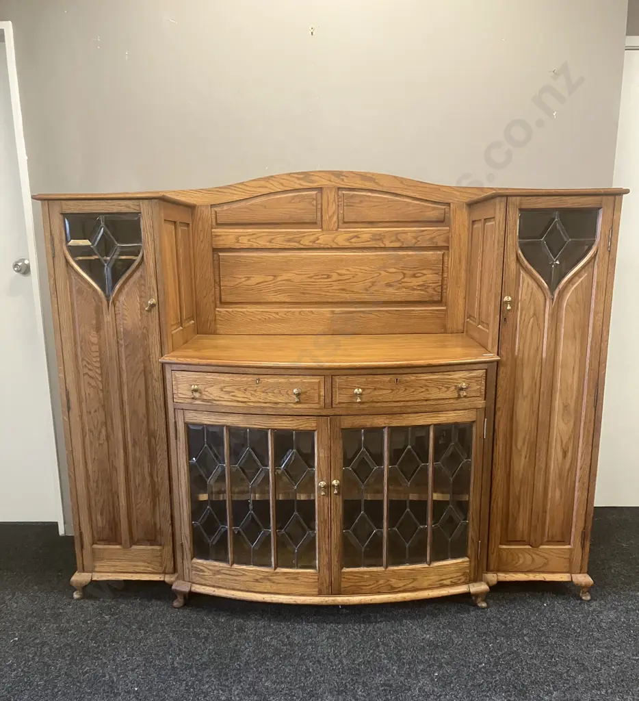 Stunning Art Nouveau Solid Oak Sideboard With Leadlight Panels, With Key, circa Mid 20th Century. H150 W185 D68cm Image 1++