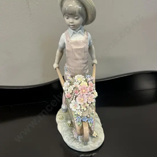 Lladro Figurine 'Little Gardener' Wheelbarrow With Flower Boy H24cm.