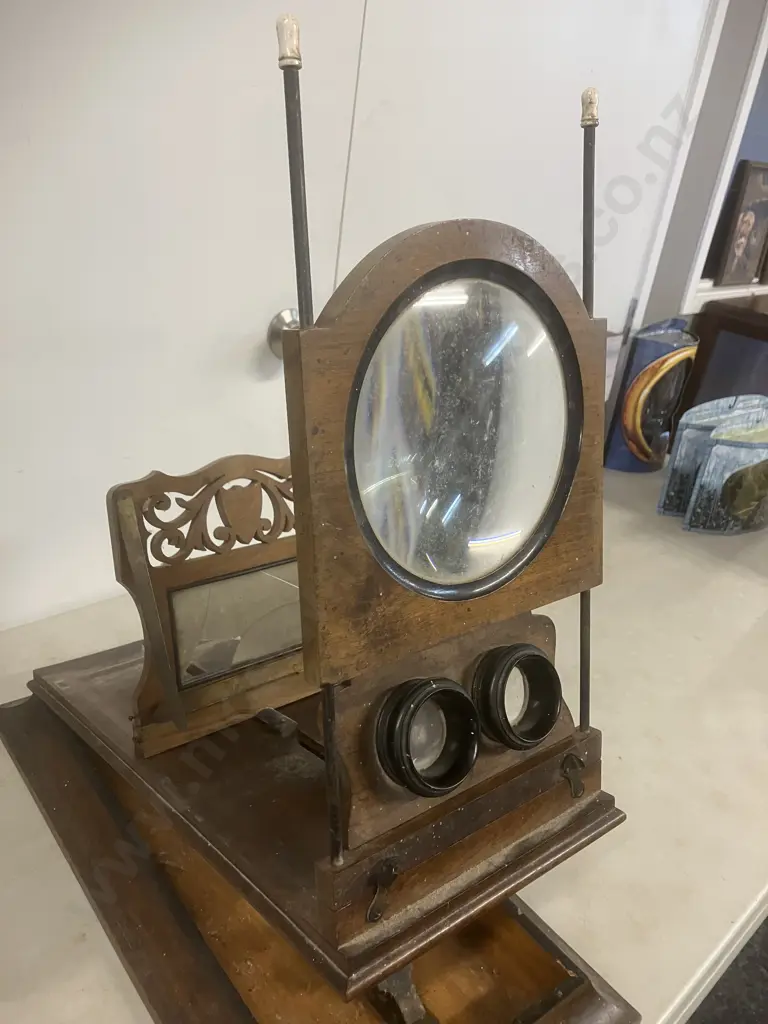 Antique Stereo Graphoscope - 19th c Mahogany Card Viewer With Graphoscope Lens & Stereo Lenses, Pierced Adjustable Easel Image 1++