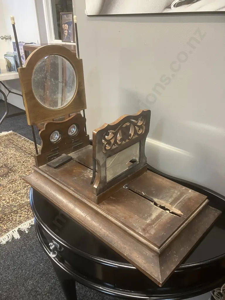 Antique Stereo Graphoscope - 19th c Mahogany Card Viewer With Graphoscope Lens & Stereo Lenses, Pierced Adjustable Easel Image 1++