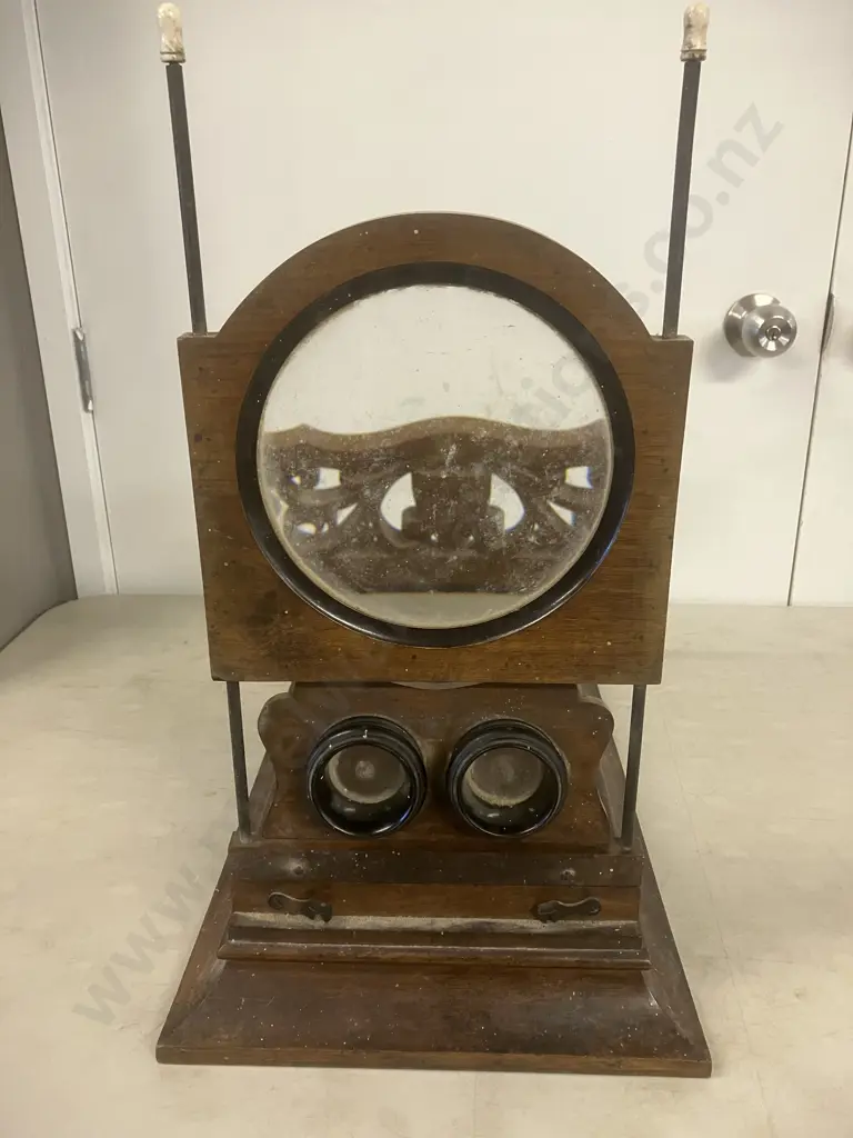 Antique Stereo Graphoscope - 19th c Mahogany Card Viewer With Graphoscope Lens & Stereo Lenses, Pierced Adjustable Easel Image 1++