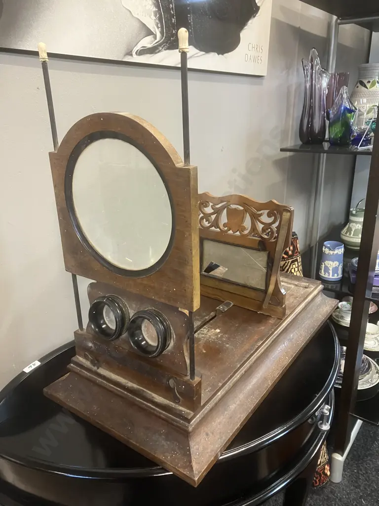 Antique Stereo Graphoscope - 19th c Mahogany Card Viewer With Graphoscope Lens & Stereo Lenses, Pierced Adjustable Easel Image 1++