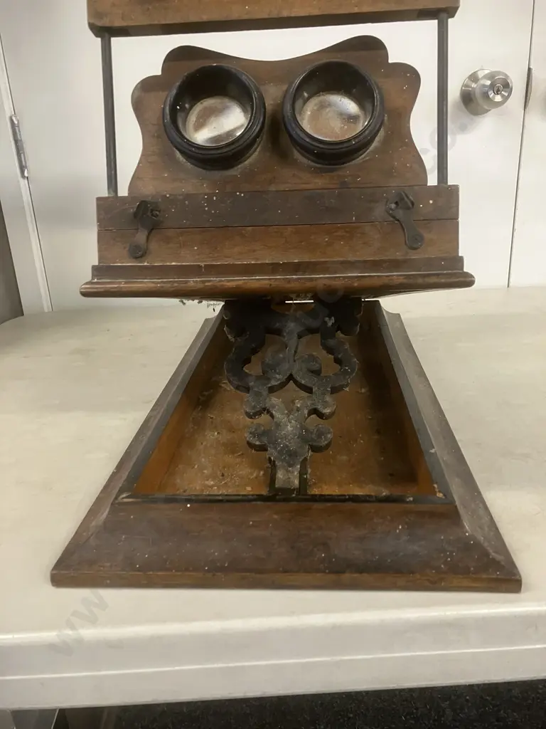 Antique Stereo Graphoscope - 19th c Mahogany Card Viewer With Graphoscope Lens & Stereo Lenses, Pierced Adjustable Easel Image 1++