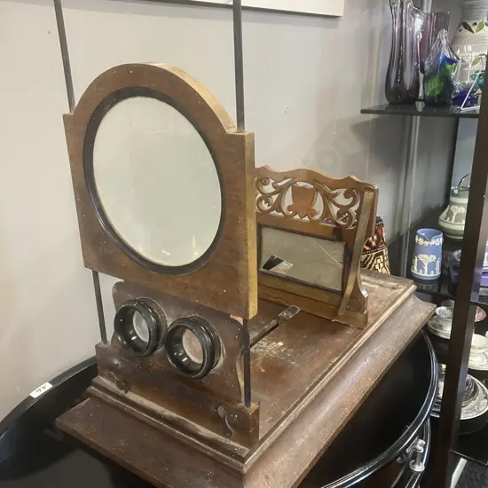 Antique Stereo Graphoscope - 19th c Mahogany Card Viewer With Graphoscope Lens & Stereo Lenses, Pierced Adjustable Easel