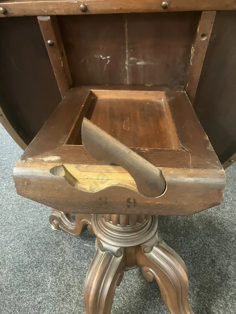 Burr Walnut Victorian Oval Loo Table With Carved Base, White Porcelain Casters. H74 W133 D100cm Image 1++