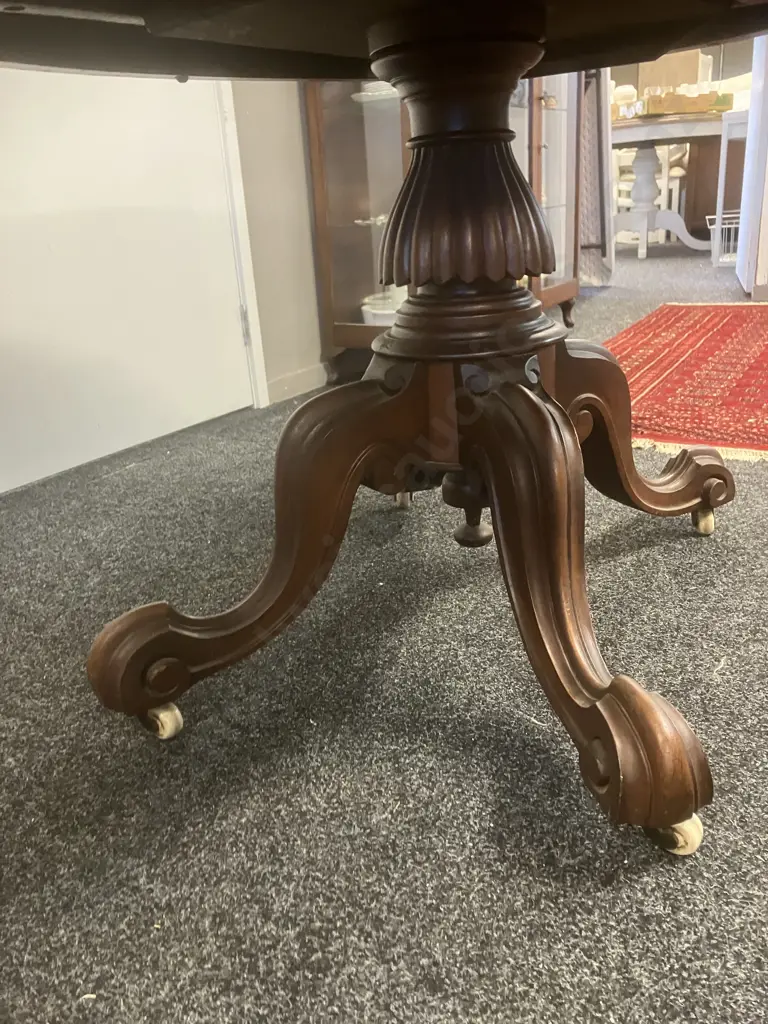 Burr Walnut Victorian Oval Loo Table With Carved Base, White Porcelain Casters. H74 W133 D100cm Image 1++