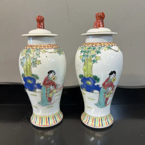 Pair Of Mid Century Jiangxi Jingdezhen Porcelain Chinese Famille Rose Lidded Ginger jars