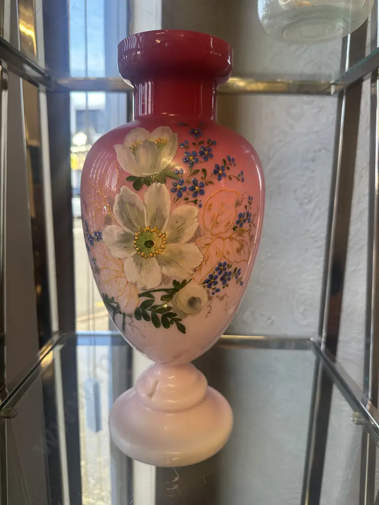 Pink Opaline Glass Vase With Hand Painted Flowers H36cm. Image 1++