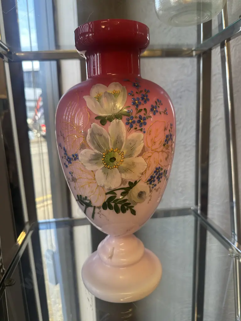 Pink Opaline Glass Vase With Hand Painted Flowers H36cm. Image 1++